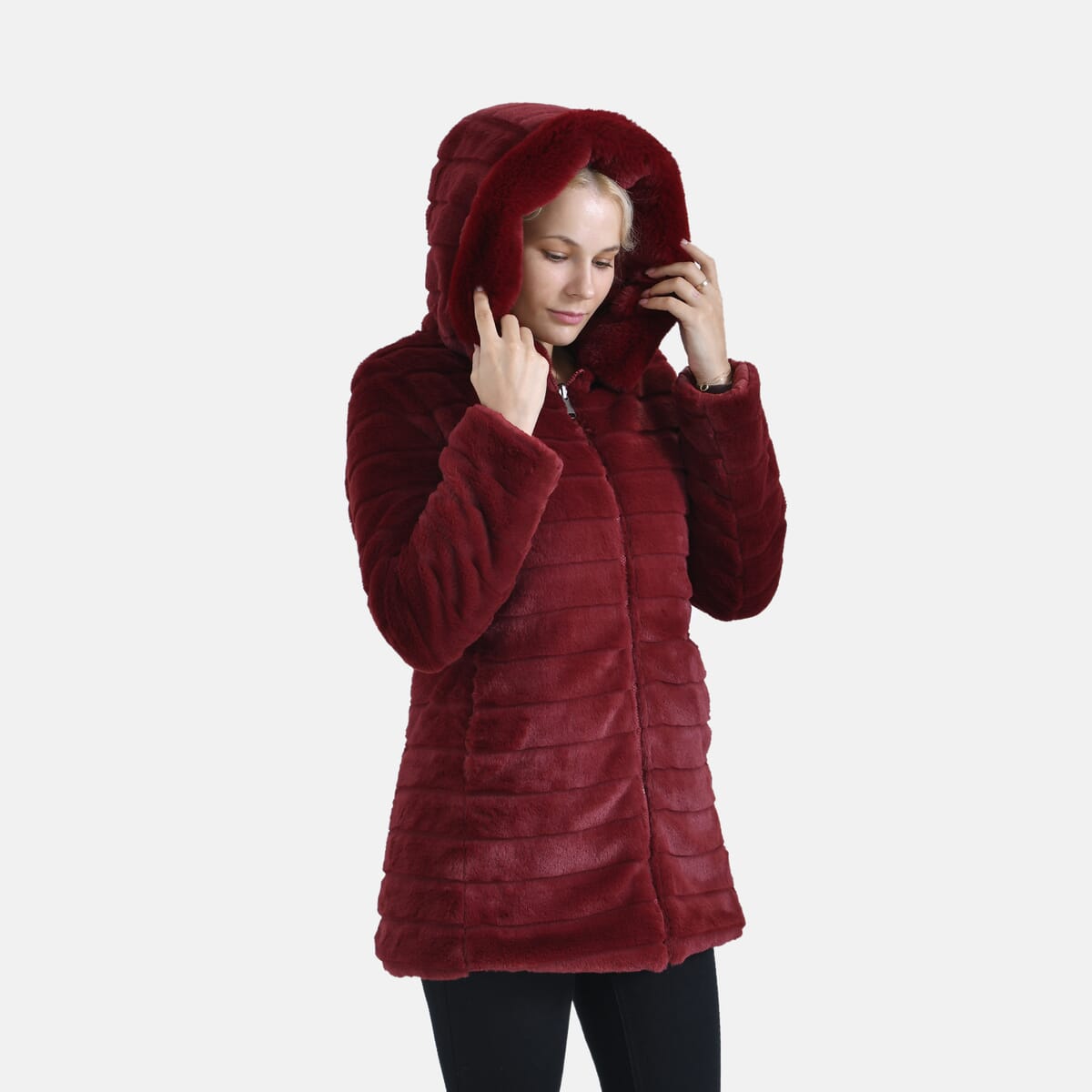 Tamsy Red Reversible Faux Fur and Puffer Jacket with Hood - XXL image number 8