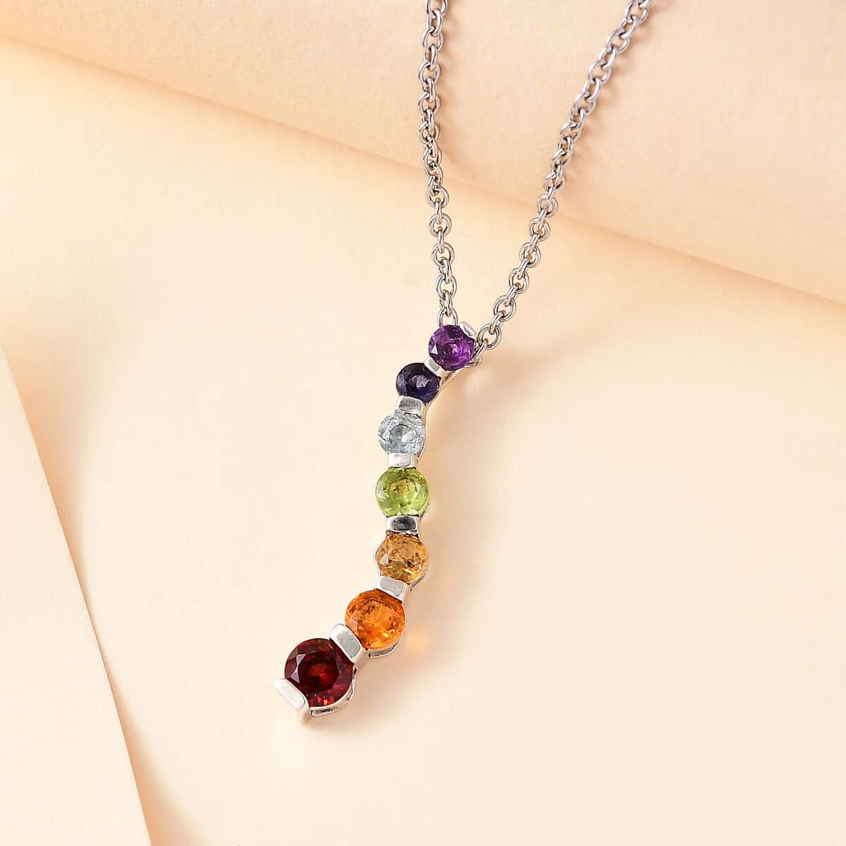 Multi Gemstone 1.40 ctw Pendant in Rhodium Over Sterling Silver image number 1