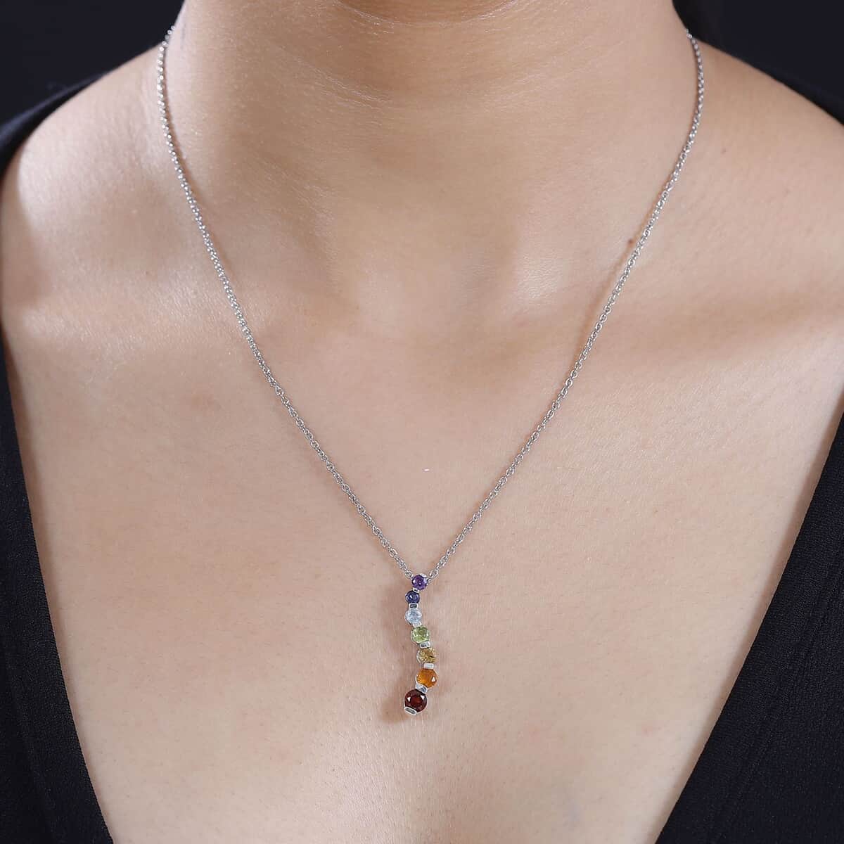 Multi Gemstone 1.40 ctw Pendant in Rhodium Over Sterling Silver image number 2