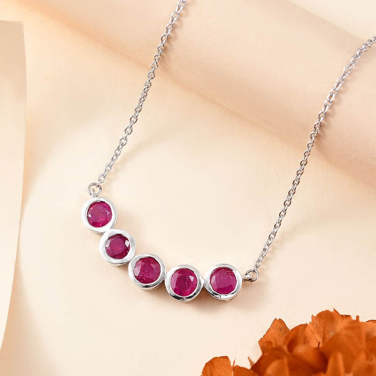 Niassa Ruby (FF) 3.40 ctw Necklace in Rhodium Over Sterling Silver and Stainless Steel 18 Inches image number 1