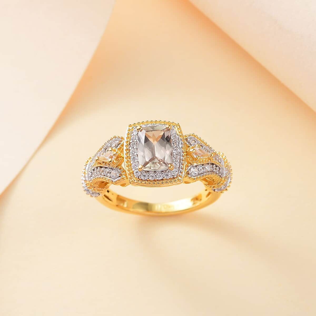 AAA Turkizite and White Zircon 1.75 ctw Art Deco Ring in 18K Vermeil Yellow Gold Over Sterling Silver (Size 10.0) image number 1