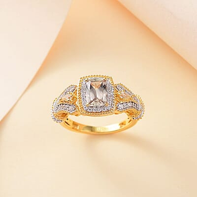 AAA Turkizite and White Zircon 1.75 ctw Art Deco Ring in 18K Vermeil Yellow Gold Over Sterling Silver (Size 10.0)