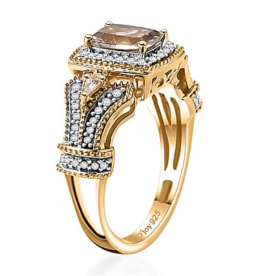 AAA Turkizite and White Zircon 1.75 ctw Art Deco Ring in 18K Vermeil Yellow Gold Over Sterling Silver (Size 10.0)