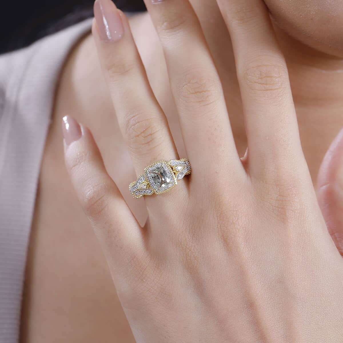 AAA Turkizite and White Zircon 1.75 ctw Art Deco Ring in 18K Vermeil Yellow Gold Over Sterling Silver (Size 6.0) image number 2