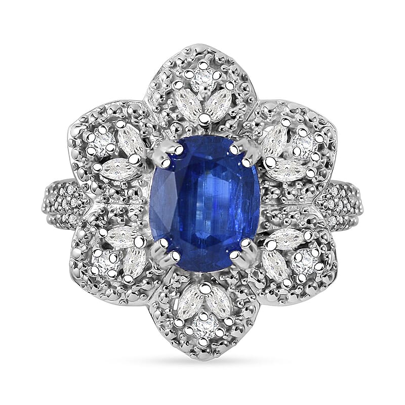 Kashmir Kyanite and White Zircon 4.35 ctw Floral Ring in Rhodium Over Sterling Silver (Size 10.0)