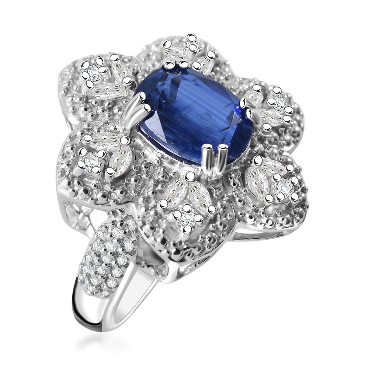 Kashmir Kyanite and White Zircon 4.35 ctw Floral Ring in Rhodium Over Sterling Silver (Size 10.0) image number 2