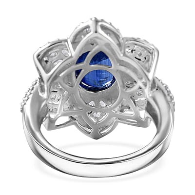 Kashmir Kyanite and White Zircon 4.35 ctw Floral Ring in Rhodium Over Sterling Silver (Size 10.0)
