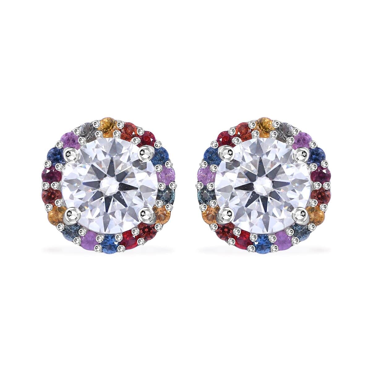 Moissanite and Multi Sapphire 2.00 ctw Rainbow Radiance Earrings in Rhodium Over Sterling Silver image number 0