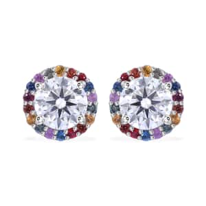 Moissanite and Multi Sapphire 2.00 ctw Rainbow Radiance Earrings in Rhodium Over Sterling Silver