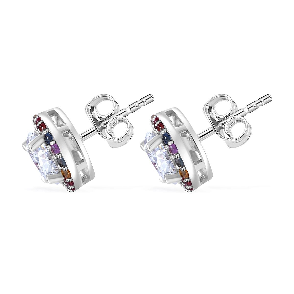 Moissanite and Multi Sapphire 2.00 ctw Rainbow Radiance Earrings in Rhodium Over Sterling Silver
