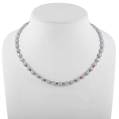 Moissanite and Multi Sapphire 26.20 ctw Rainbow Radiance Necklace in Rhodium Over Sterling Silver 18 Inches