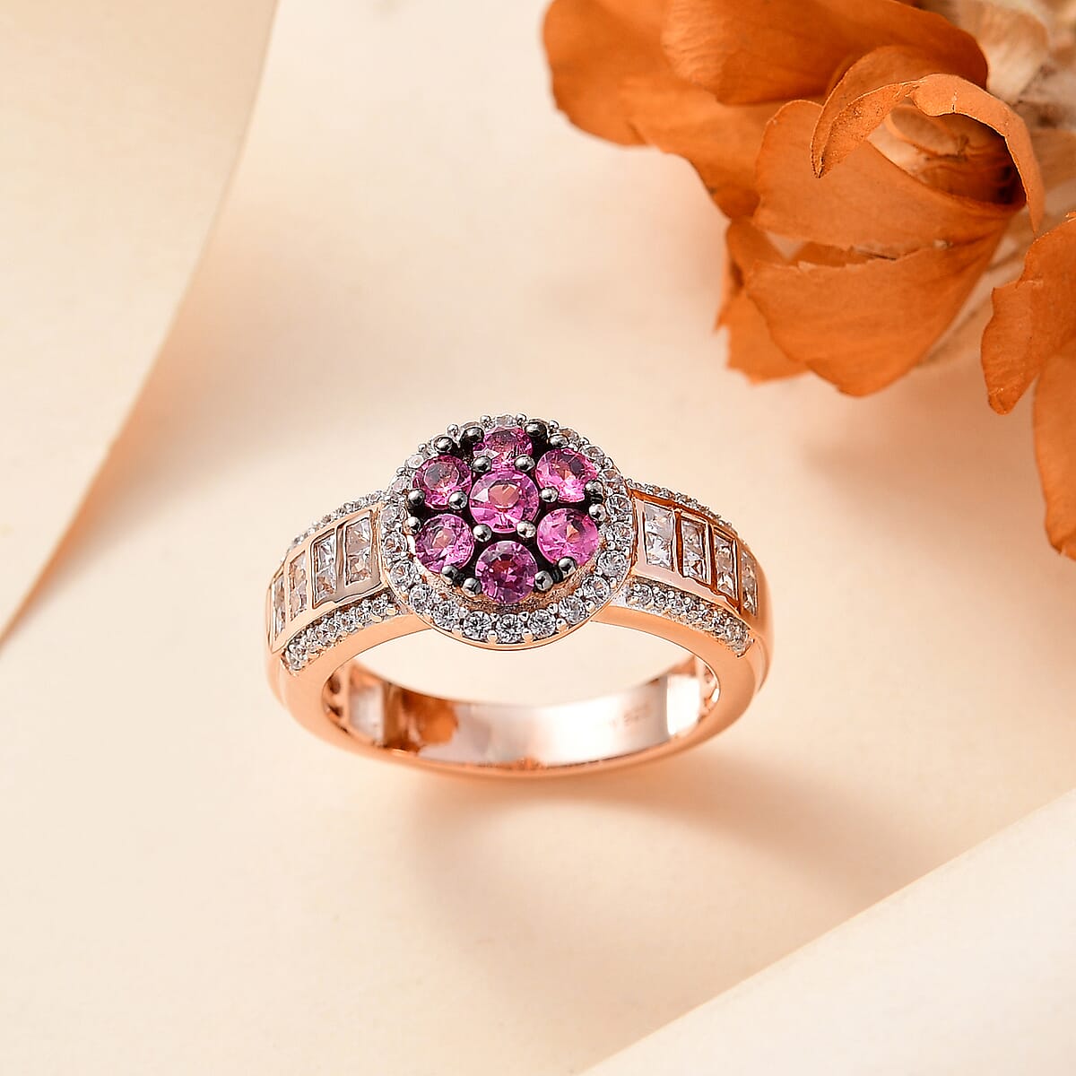 Mahenge Spinel and White Zircon 1.85 ctw Art Deco Ring in 18K Vermeil Rose Gold Over Sterling Silver (Size 8.0) image number 1
