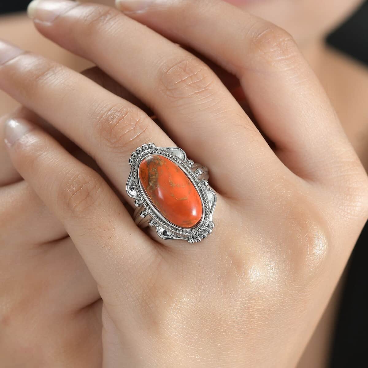 Mojave Orange Turquoise Solitaire Ring in Stainless Steel (Size 8.0) 7.50 ctw image number 2