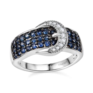 Ceylon Sapphire and White Zircon 1.25 ctw Buckle Ring in Rhodium Over Sterling Silver (Size 10.0)