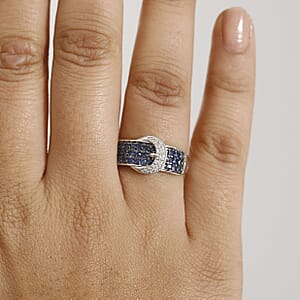 D'Joy Ceylon Sapphire and White Zircon 1.25 ctw Buckle Ring in Rhodium Over Sterling Silver (Size 10.0)