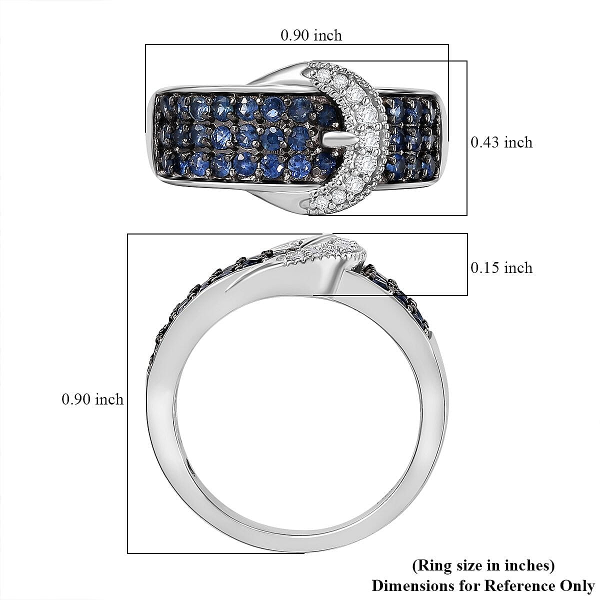 D'Joy Ceylon Sapphire and White Zircon 1.25 ctw Buckle Ring in Rhodium Over Sterling Silver (Size 10.0)
