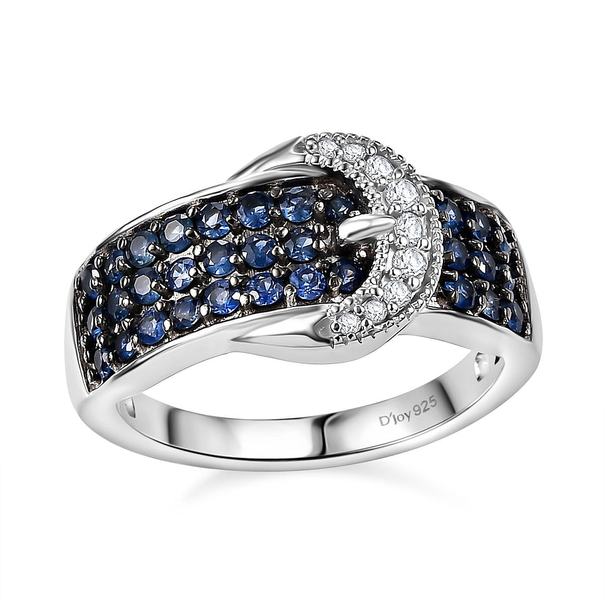 D'Joy Ceylon Sapphire and White Zircon 1.25 ctw Buckle Ring in Rhodium Over Sterling Silver (Size 7.0) image number 0