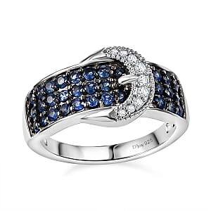 D'Joy Ceylon Sapphire and White Zircon 1.25 ctw Buckle Ring in Rhodium Over Sterling Silver (Size 7.0)