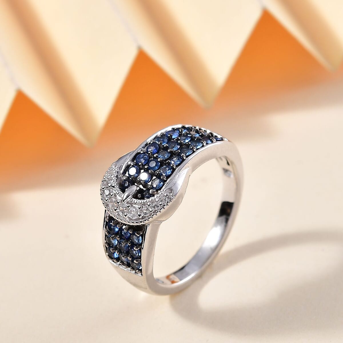 Ceylon Sapphire and White Zircon 1.25 ctw Buckle Ring in Rhodium Over Sterling Silver (Size 9.0) image number 1