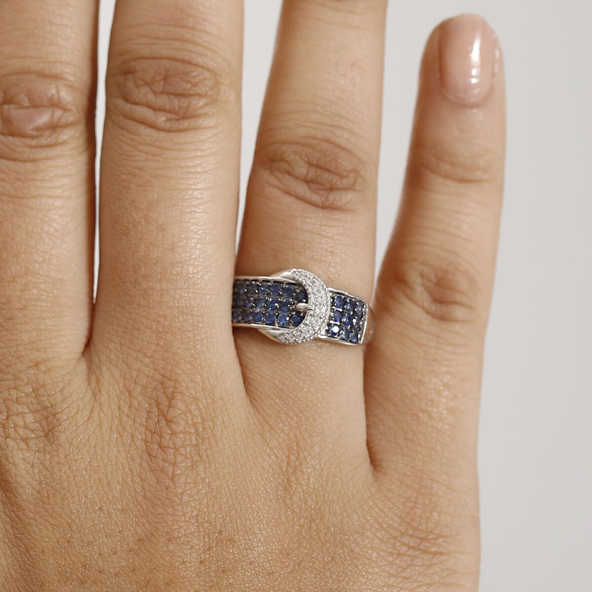 Ceylon Sapphire and White Zircon 1.25 ctw Buckle Ring in Rhodium Over Sterling Silver (Size 9.0) image number 2