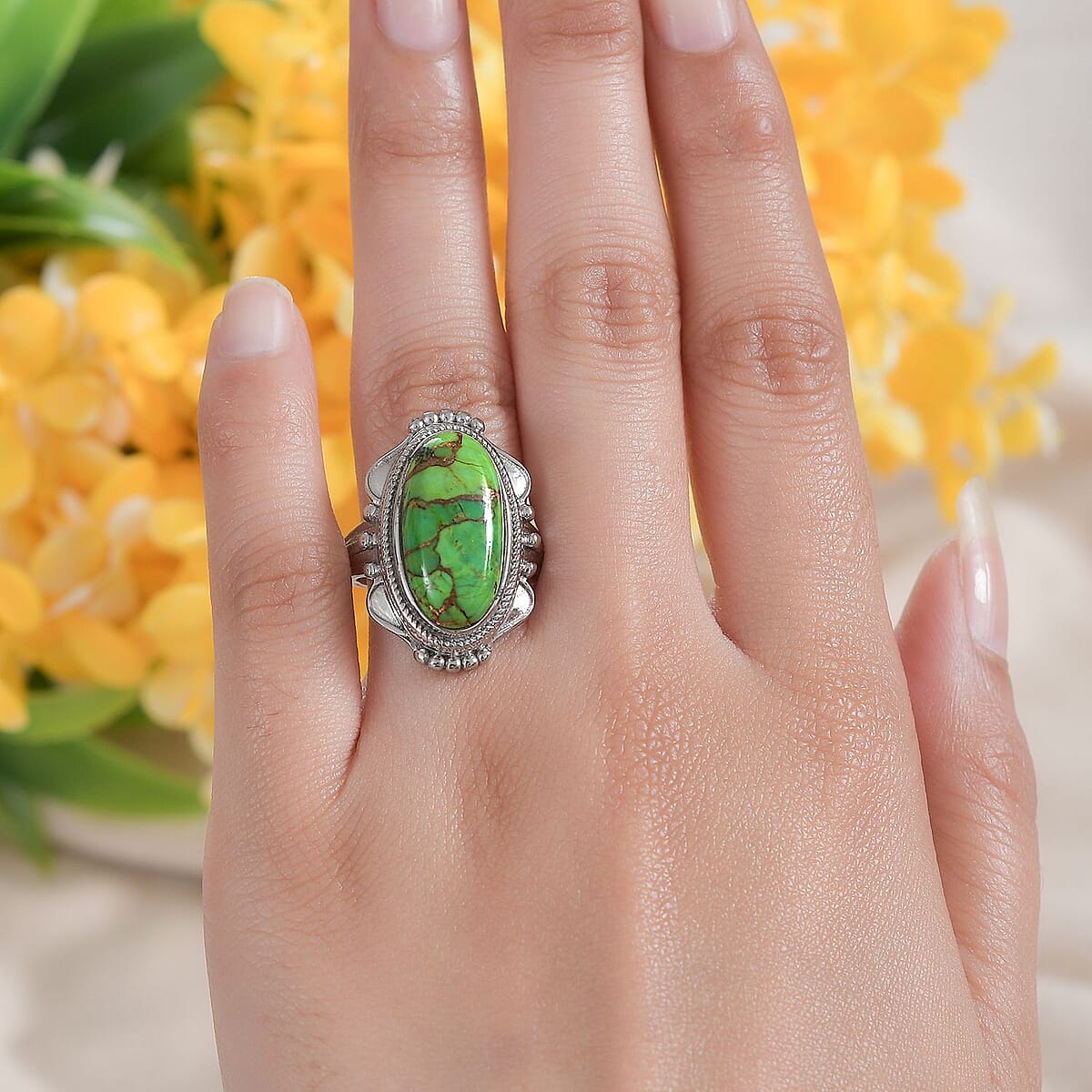 Mojave Green Turquoise 8.50 ctw Solitaire Ring in Stainless Steel (Size 7.0) image number 2