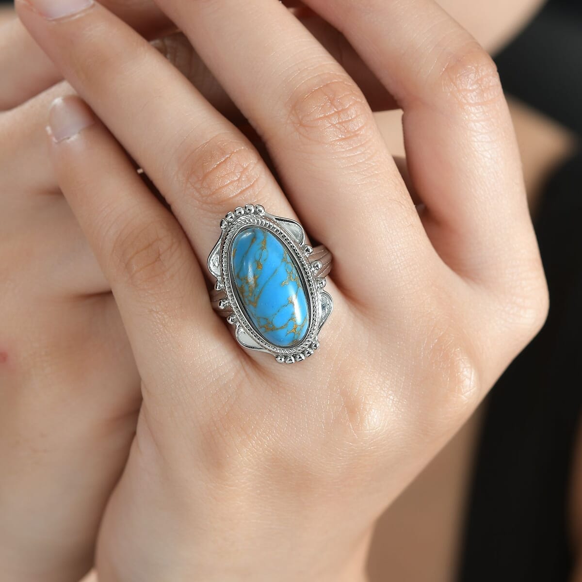 Mojave Blue Turquoise 7.65 ctw Solitaire Ring in Stainless Steel (Size 9.0) image number 2