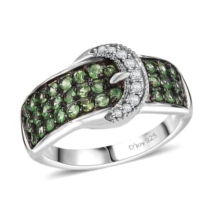 Tsavorite Garnet and White Zircon 1.15 ctw Buckle Ring in Rhodium Over Sterling Silver (Size 6.0)