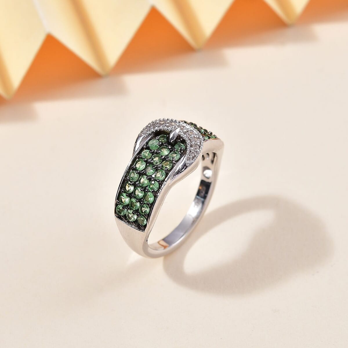 Tsavorite Garnet and White Zircon 1.15 ctw Buckle Ring in Rhodium Over Sterling Silver (Size 6.0) image number 1