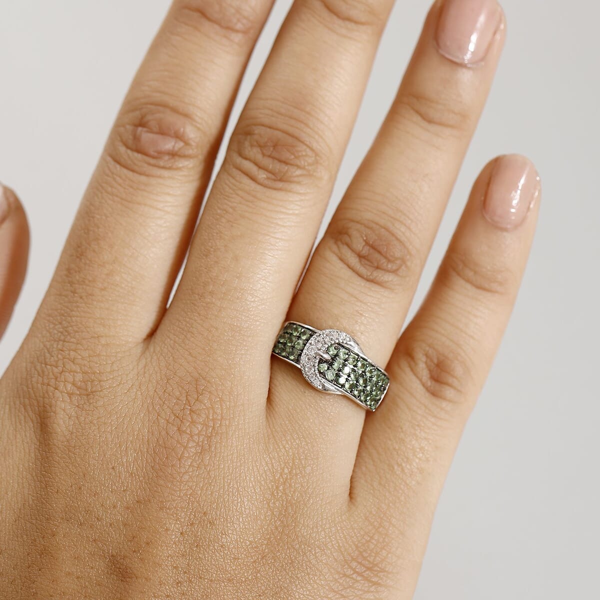 Tsavorite Garnet and White Zircon 1.15 ctw Buckle Ring in Rhodium Over Sterling Silver (Size 6.0) image number 2