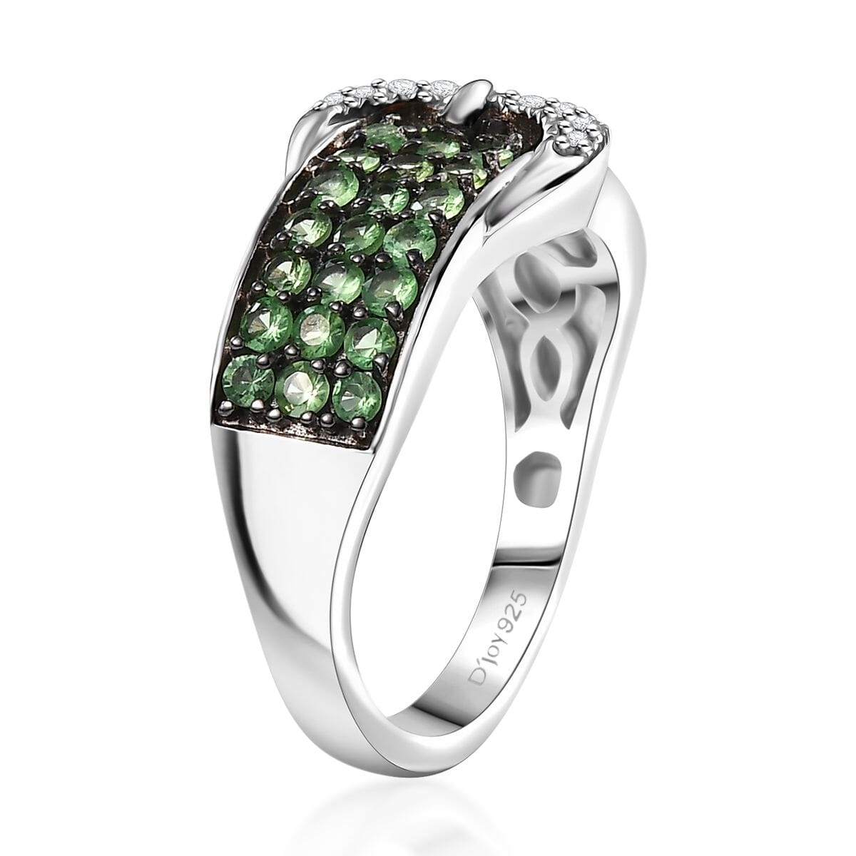 Tsavorite Garnet and White Zircon 1.15 ctw Buckle Ring in Rhodium Over Sterling Silver (Size 6.0) image number 3