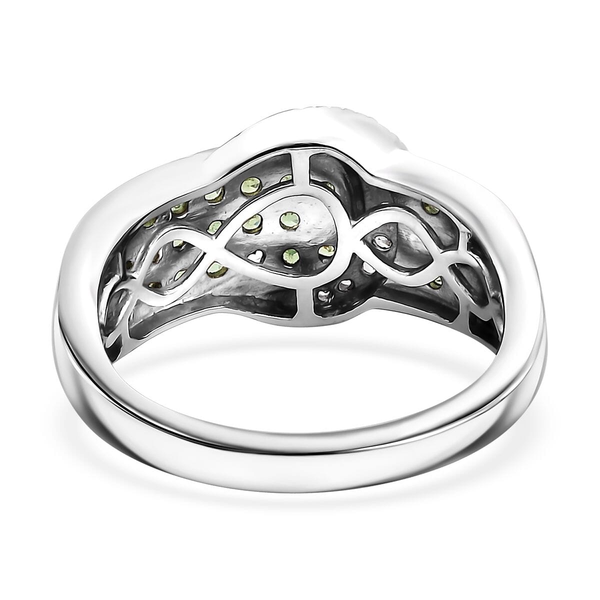 Tsavorite Garnet and White Zircon 1.15 ctw Buckle Ring in Rhodium Over Sterling Silver (Size 6.0) image number 4