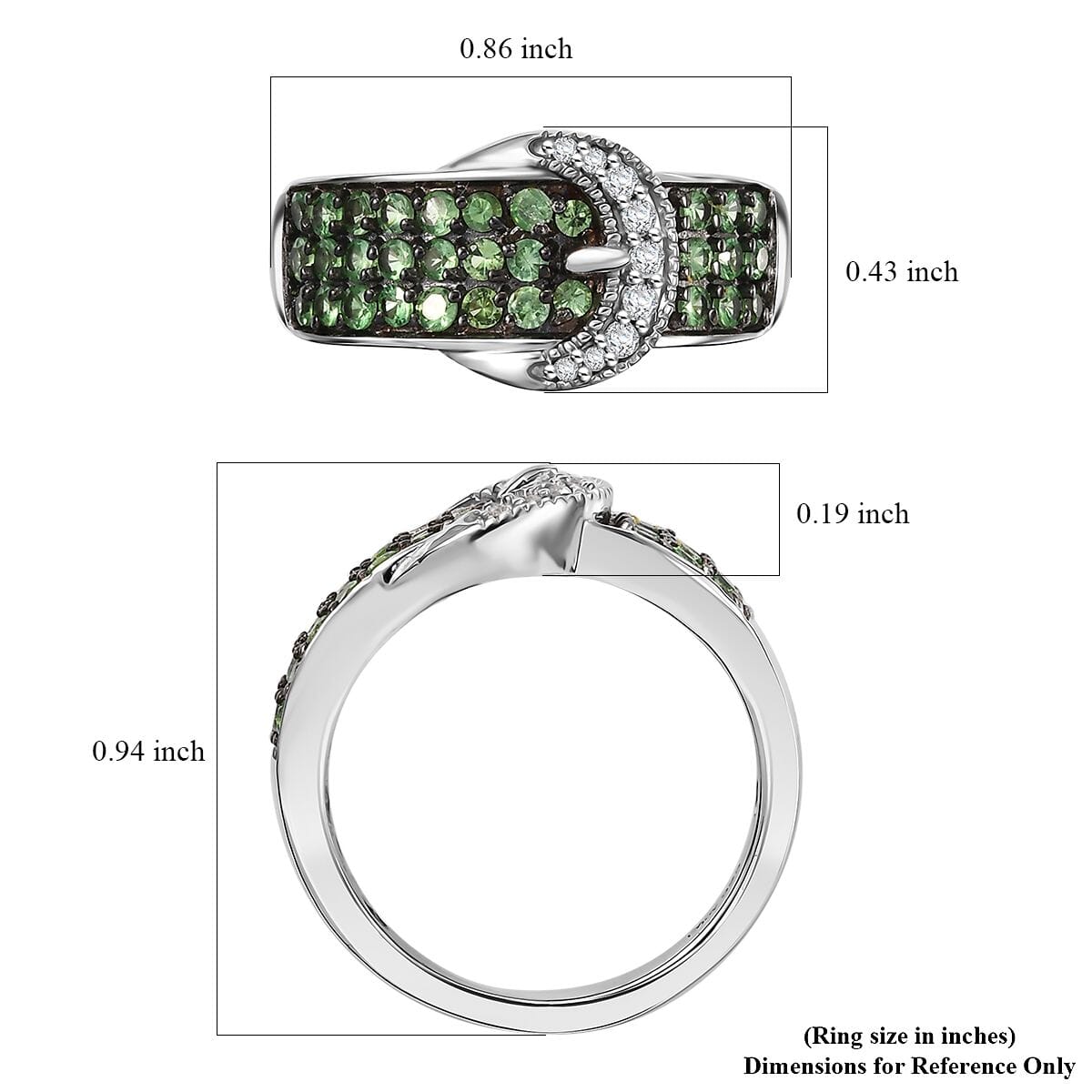 Tsavorite Garnet and White Zircon 1.15 ctw Buckle Ring in Rhodium Over Sterling Silver (Size 6.0) image number 5
