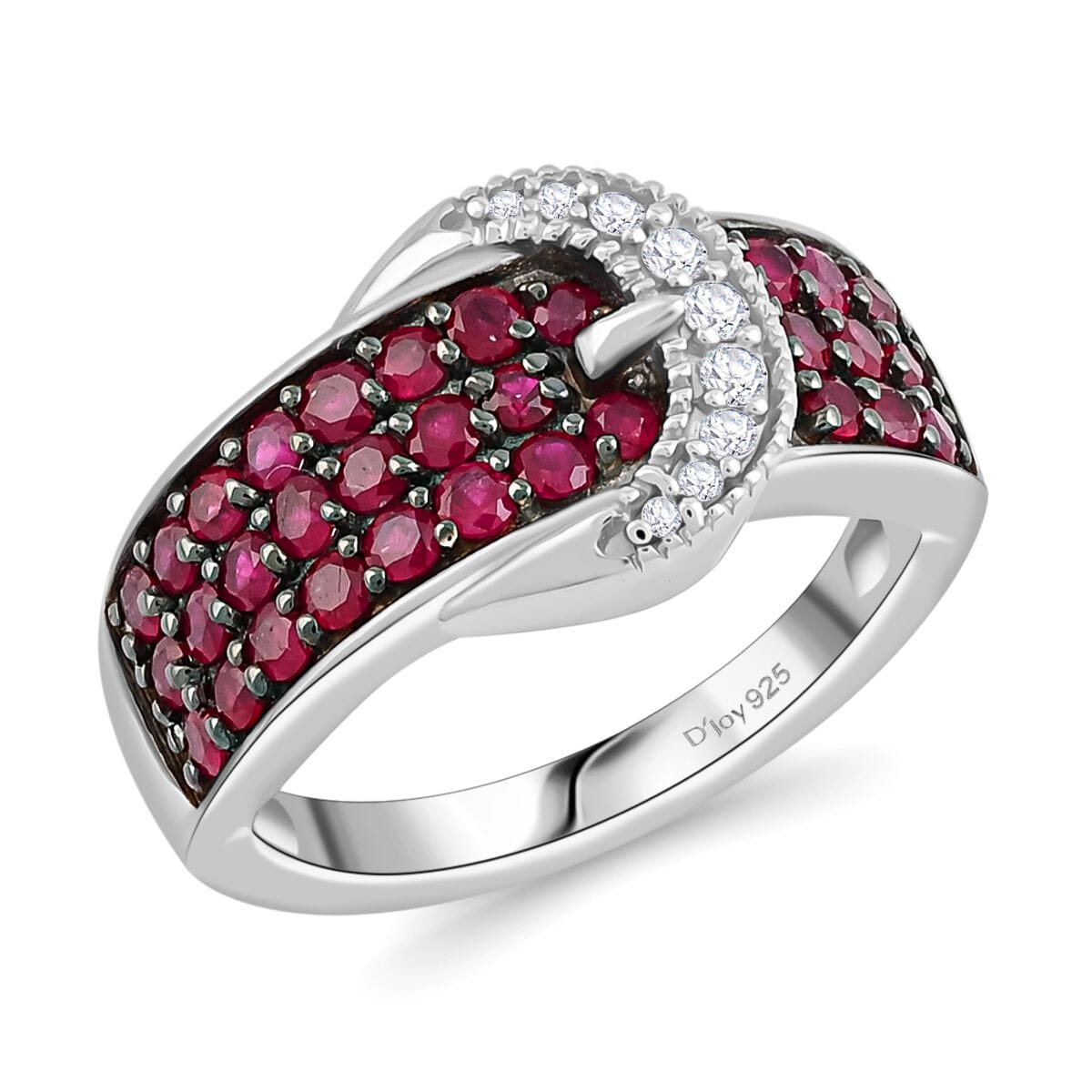 Montepuez Ruby and White Zircon 1.25 ctw Buckle Ring in Rhodium Over Sterling Silver (Size 10.0) image number 0