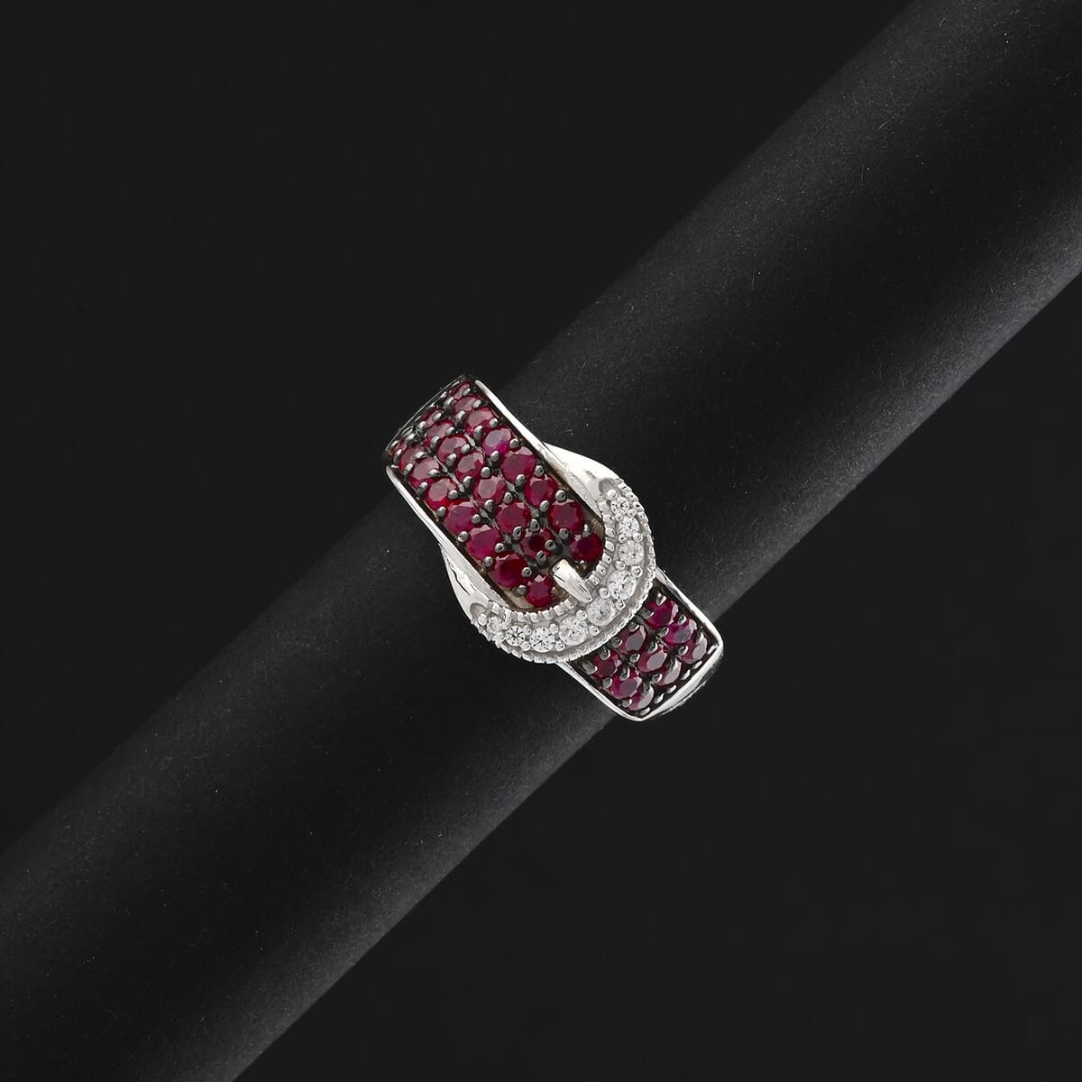 Montepuez Ruby and White Zircon 1.25 ctw Buckle Ring in Rhodium Over Sterling Silver (Size 10.0) image number 1