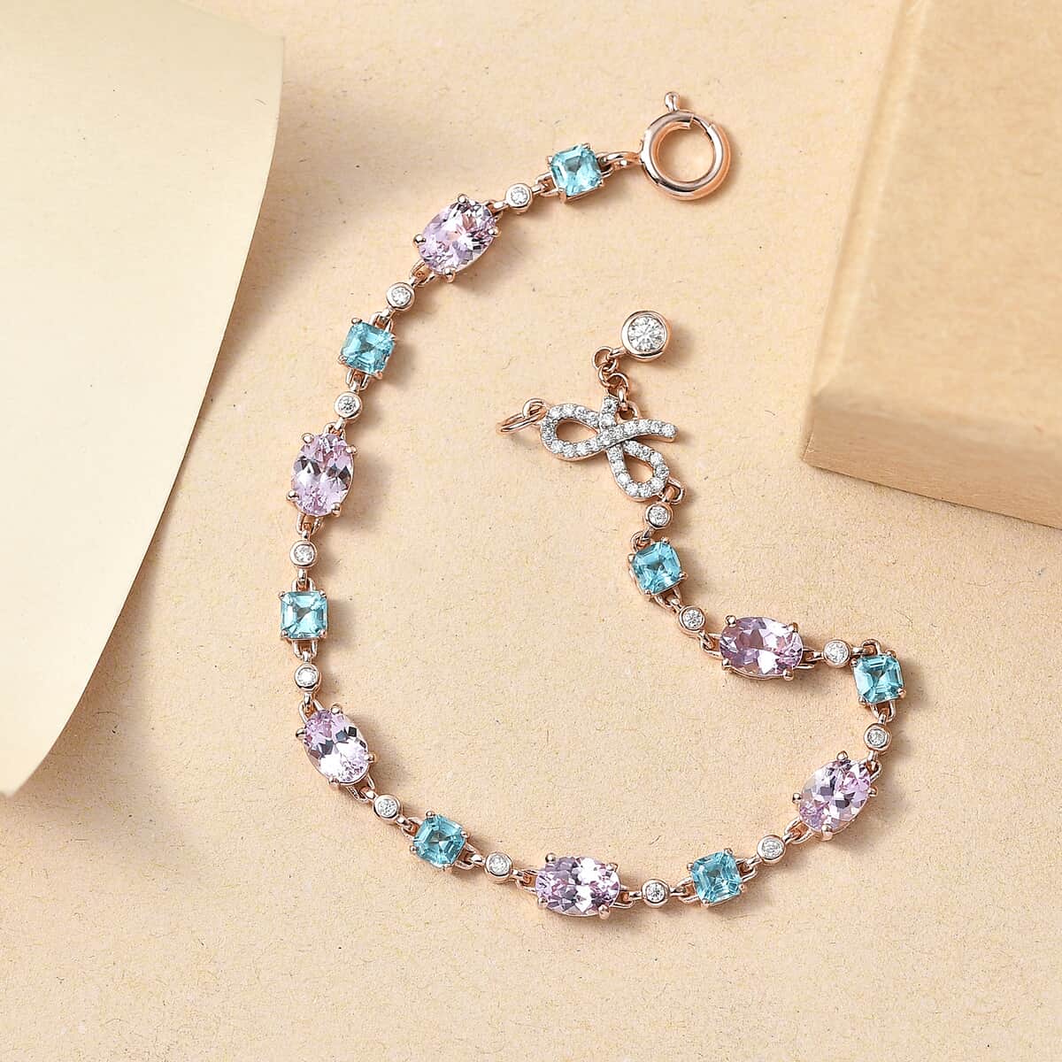 Martha Rocha Kunzite and Multi Gemstone 9.65 ctw Love Knot Bracelet in 18K Vermeil Rose Gold Over Sterling Silver (7.25 In) image number 1