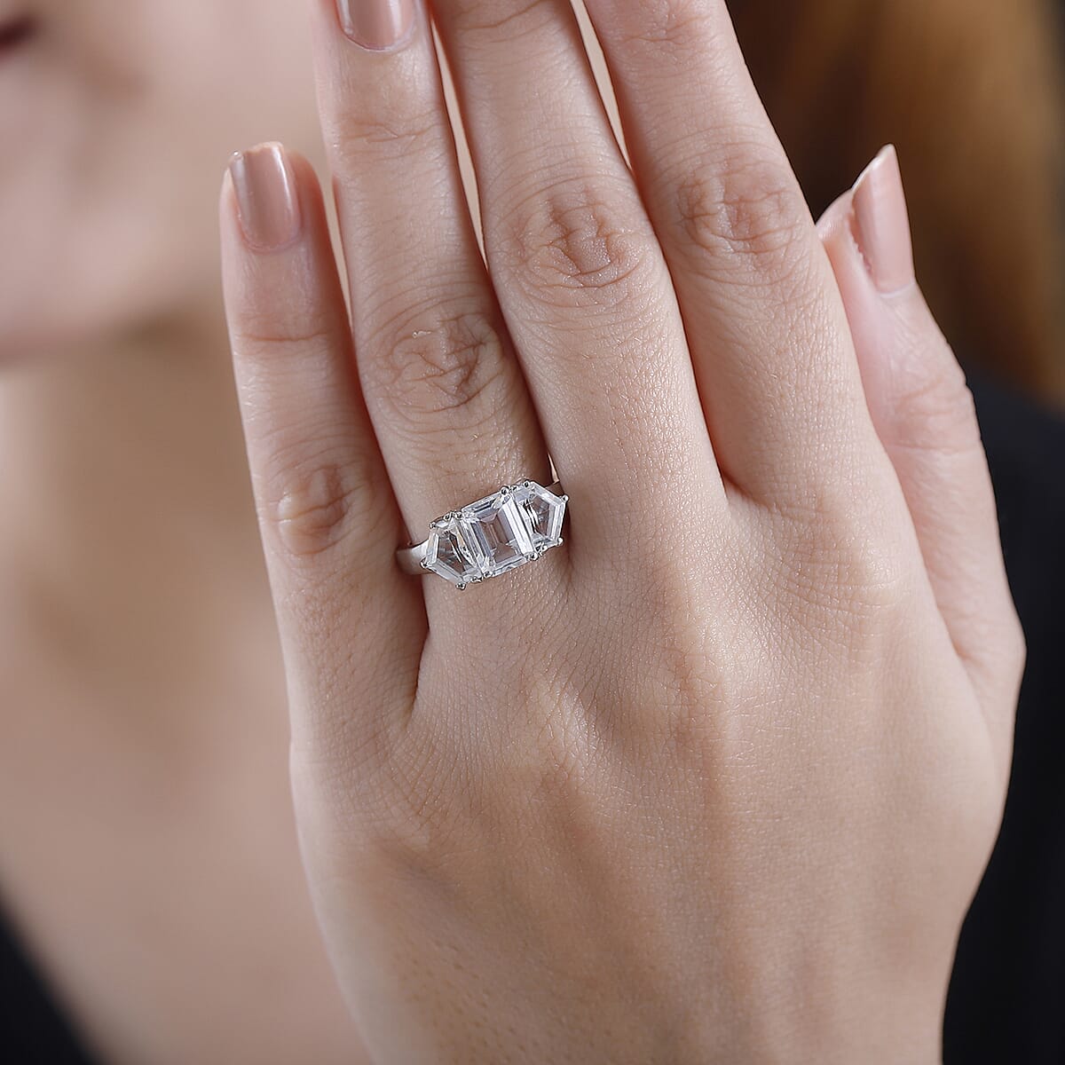 Karis White Topaz 3.85 ctw 3 Stone Ring in Platinum Bond (Size 9.0)  image number 2