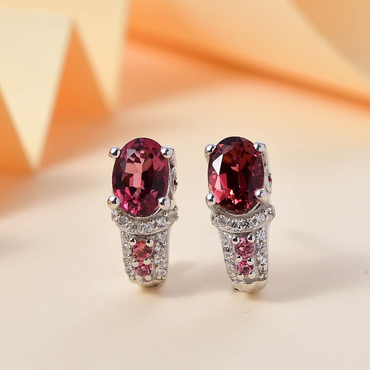 TLV Premium Ouro Fino Rubellite, White Zircon Earrings in Rhodium Over Sterling Silver 2.00 ctw image number 1