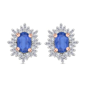 Kanchanaburi Blue Sapphire and Diamond 1.45 ctw Stud Earrings in 18K Vermeil Rose Gold Over Sterling Silver