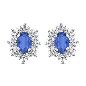 Kanchanaburi Blue Sapphire and Diamond 1.45 ctw Stud Earrings in Rhodium Over Sterling Silver (Del. in 10-12 Days)