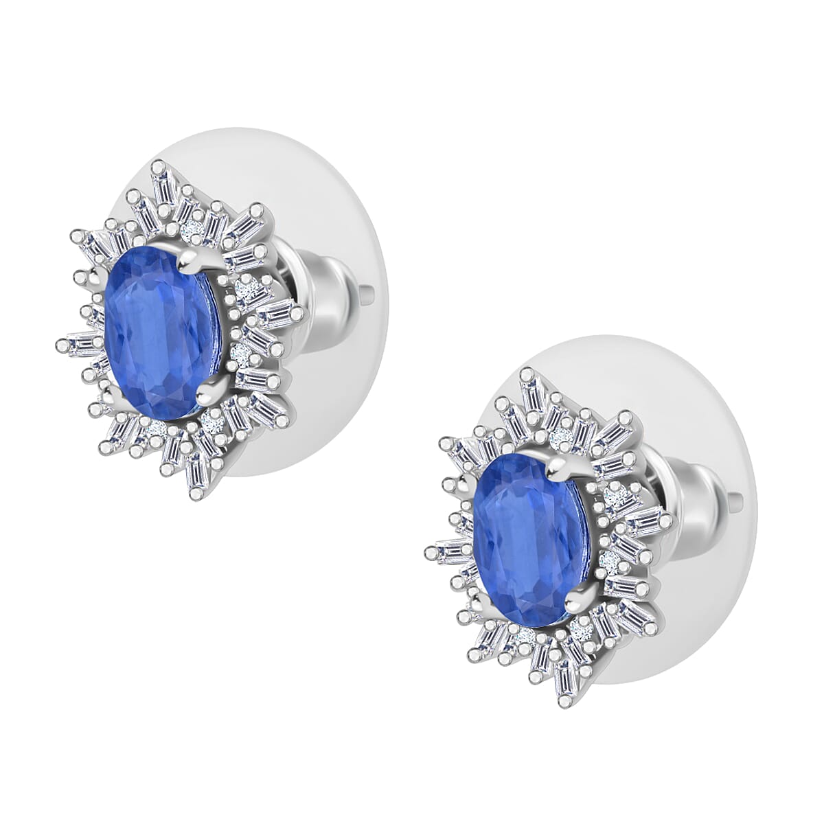 Kanchanaburi Blue Sapphire and Diamond 1.45 ctw Stud Earrings in Rhodium Over Sterling Silver (Del. in 10-12 Days) image number 2