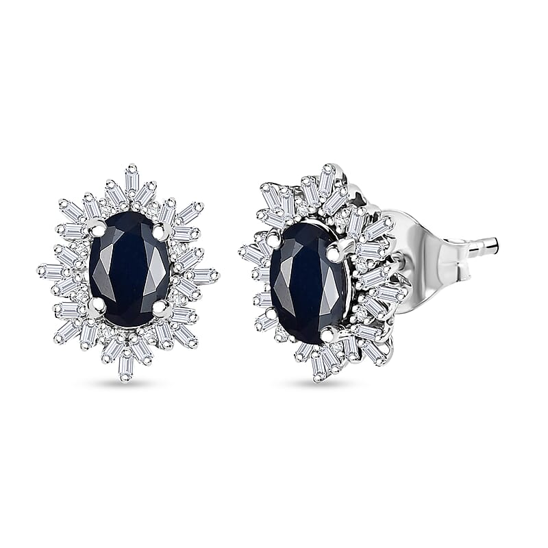 Premium Kanchanaburi Blue Sapphire and G-H I2 Diamond 1.45 ctw Stud Earrings in 10K White Gold