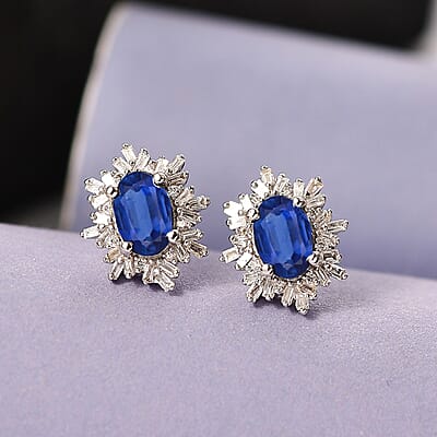 Premium Kanchanaburi Blue Sapphire and G-H I2 Diamond 1.45 ctw Stud Earrings in 10K White Gold