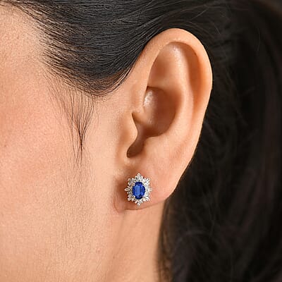 Premium Kanchanaburi Blue Sapphire and G-H I2 Diamond 1.45 ctw Stud Earrings in 10K White Gold