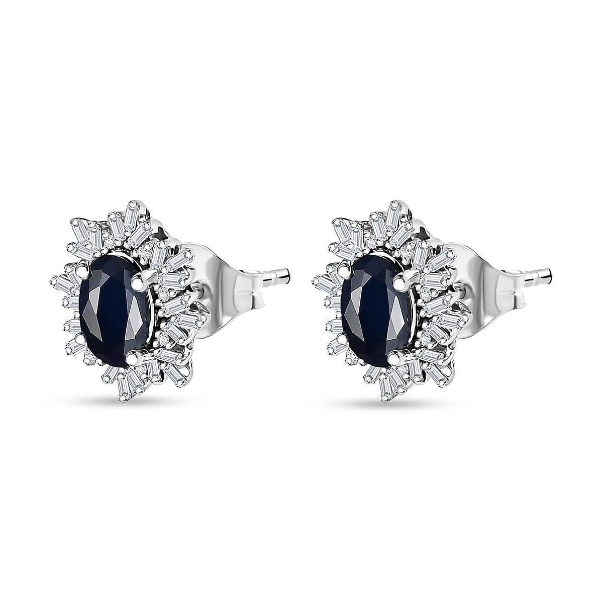 Premium Kanchanaburi Blue Sapphire and G-H I2 Diamond 1.45 ctw Stud Earrings in 10K White Gold image number 3