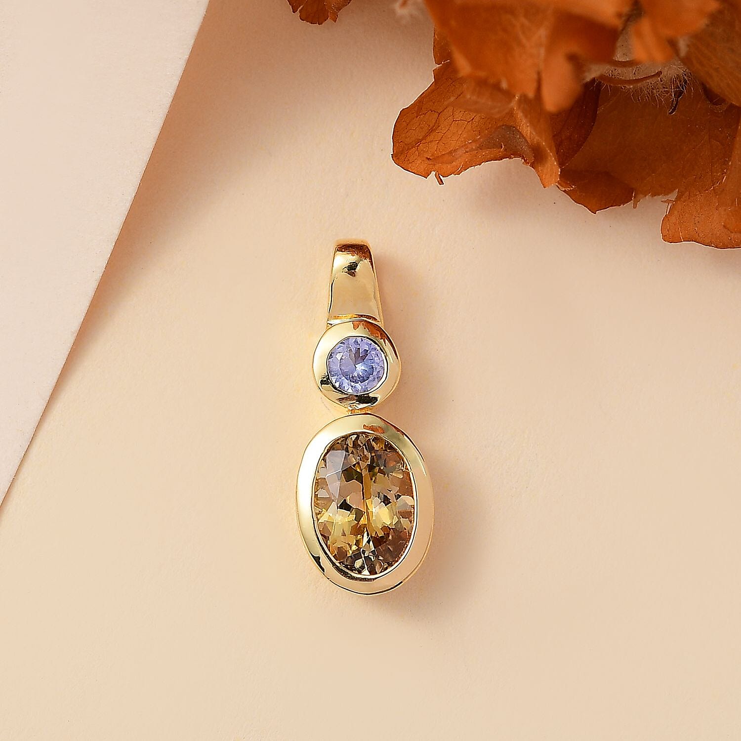 Natural Golden Tanzanite and Tanzanite 1.19 ctw Pendant in 18K Vermeil Yellow Gold Over Sterling Silver