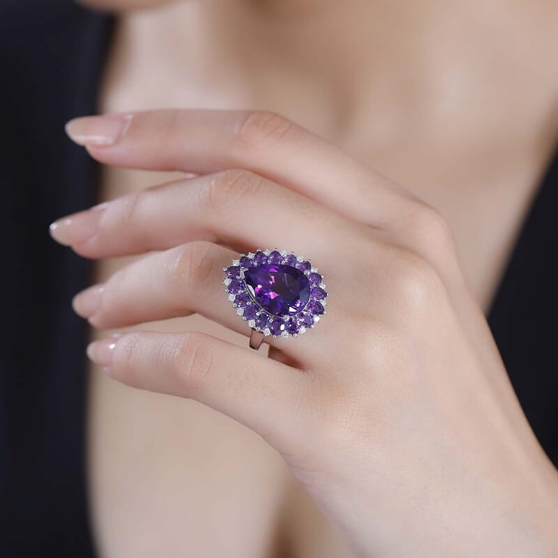 AAA Moroccan Amethyst and Multi Gemstone 10.85 ctw Halo Ring in Rhodium Over Sterling Silver (Size 6.0)