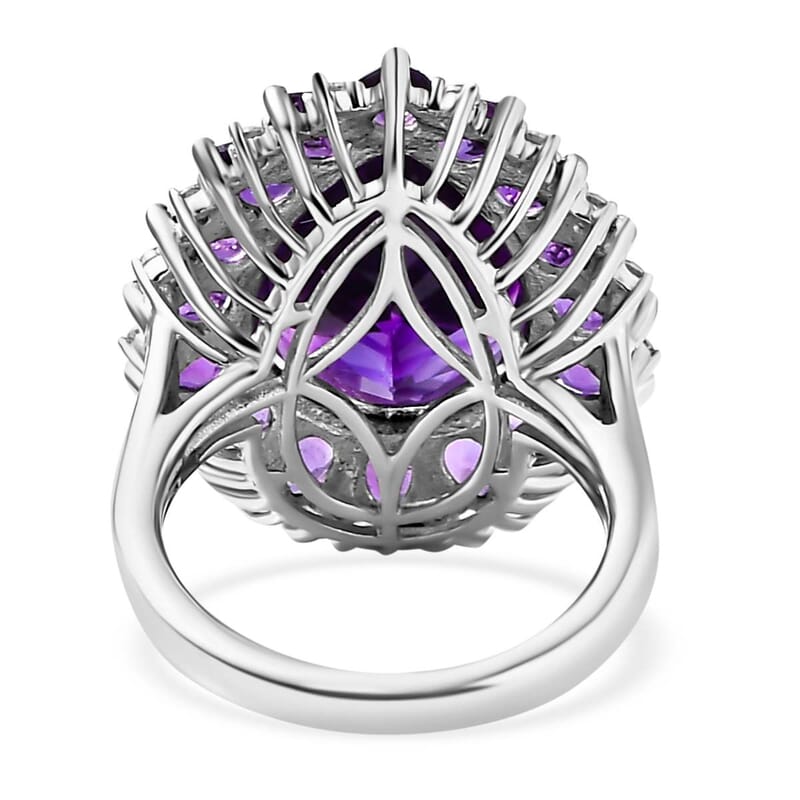 AAA Moroccan Amethyst and Multi Gemstone 10.85 ctw Halo Ring in Rhodium Over Sterling Silver (Size 6.0)