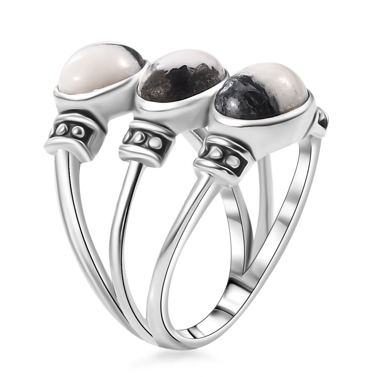 Artisan Crafted White Buffalo 3.60 ctw 3 Stone Ring in Sterling Silver (Size 9.0) image number 3