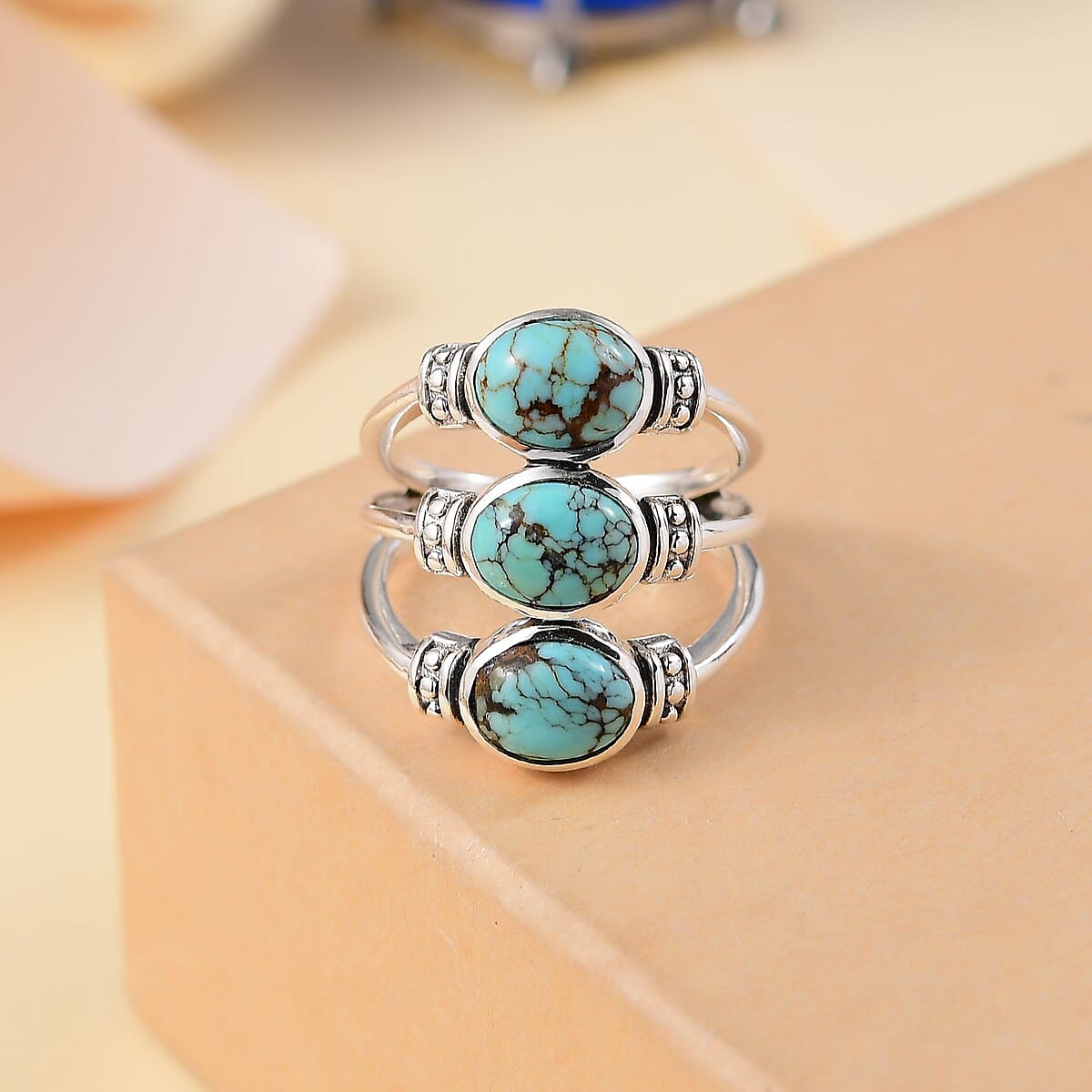 D'Joy Artisan Crafted Blue Moon Turquoise 3.60 ctw 3 Stone Ring in Black Oxidized Sterling Silver (Size 6.0) image number 1