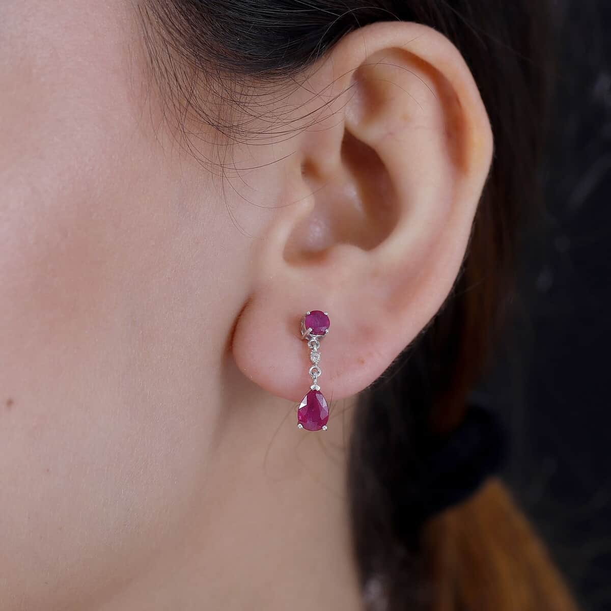 Niassa Ruby (FF) and White Zircon 2.70 ctw Drop Earrings in Rhodium Over Sterling Silver image number 2